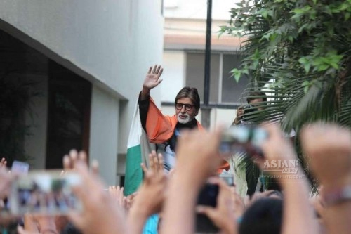 Actor Amitabh Bachchan along with Indian fans celebrate after winning ICC World Cup Pool B match played between India and Pakistan, at the Adelaide Oval cricket stadium, Australia on Feb 15, 2015.