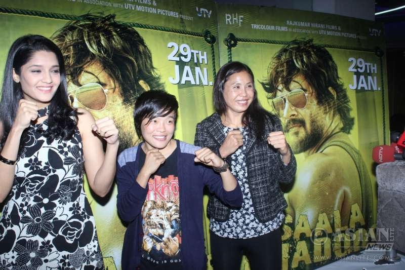 ndian women boxer Sarjubala Devi, boxer Sarita Devi and actress Ritika Singh during the screening of film Saala Khadoos in Mumbai