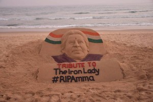 Renowned sand artist Sudarsan Pattnaik pays tribute to Tamil Nadu Chief Minister J Jayalalithaa  (Photo: IANS)