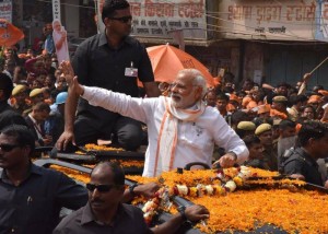 Prime Minister Narendra Modi during a roadshow in Varanasi (Photo: IANS)