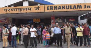 People stranded at Ernakulam station during a dawn-to-dusk state wide strike called by UDF and BJP to protest against police action against parents of Jishnu Pronoy (Photo: IANS)