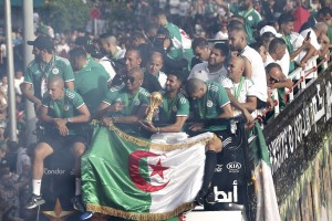 ALGIERS, July 21, 2019 (Xinhua) -- Algeria football national team celebrate with fans in downtown Algiers, Algeria, July 19, 2019. Algeria beat Senegal in Africa's Cup of Nations final by 1-0 and claimed the title of the event in Egypt's Cairo on July 19. (Xinhua/IANS)