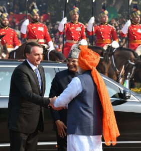 New Delhi: President Ram Nath Kovind and the Chief Guest Brazilian President Jair Messias Bolsonaro being received by Prime Minister Narendra Modi at the 71st Republic Day celebrations at Rajpath, in New Delhi on Jan 26, 2020. (Photo: IANS/PIB)