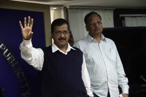 New Delhi: Delhi Chief Minister Arvind Kejriwal accompanied by state Health Minister Satyendar Jain, arrives to address a press conference after a meeting with the Special Task Force on measures taken against the spread of coronavirus in the national capital, on March 16, 2020. (Photo: IANS)