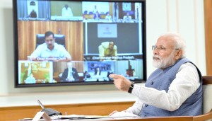 New Delhi: Prime Minister Narendra Modi holds video conference with the Chief Ministers of all the states to discuss measures against COVID-19, on Apr 2, 2020. (Photo: IANS/PIB)
