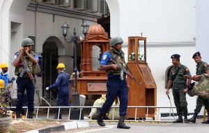 COLOMBO, April 27, 2019 (Xinhua) -- Security forces are seen outside St. Anthony's Church, one of the targets in a series of bomb blasts targeting churches and luxury hotels on Sunday, in Colombo, Sri Lanka, on April 27, 2019. (Xinhua/A. Hapuarachchi/IANS)