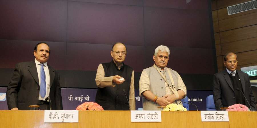 New Delhi: Union Minister for Finance and Corporate Affairs Arun Jaitley and the Minister of State for Communications (Independent Charge) and Railways Manoj Sinha jointly launch the India Post Payments Bank branches, through video conferencing from National Media Centre, New Delhi on Jan 30, 2017. (Photo: IANS/PIB) by . 