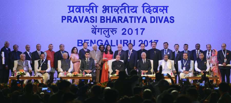 Bengaluru: President Pranab Mukherjee with Portuguese Prime Minister Antonio Costa and Vice President of Suriname Michael Ashwin Satyandre Adhin at Pravasi Bharatiya Samman ceremony in Bengaluru, on Jan 9, 2017. Also seen Karnataka Governor Vajubhai Rudabhai Vala and Chief Minister Siddaramaiah along with other dignitaries.(Photo: IANS)