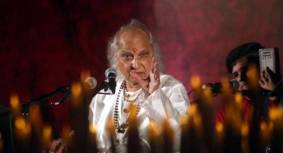 New Delhi: Classical vocalist Pandit Jasraj performs during his 87th birth anniversary celebration in New Delhi on Jan 28, 2016. (Photo: IANS) by . 