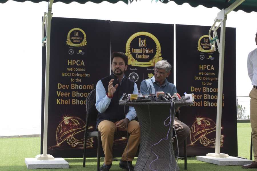 Dharamsala: BCCI President Anurag Thakur and secretary Ajay Shirke during a press conference after culmination of 1st Annual Cricket Conclave in Dharamsala, on June 24, 2016. (Photo: IANS)