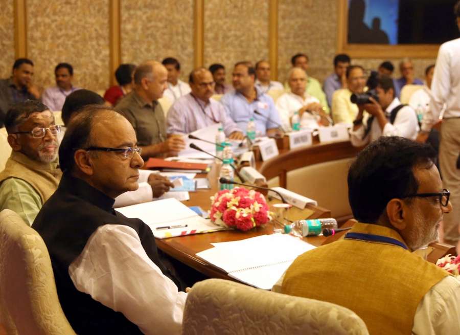 New Delhi: Union Finance Minister Arun Jaitley during the first meeting of the GST Council in New Delhi on Sept 22, 2016. Also seen Minister of State for Finance Santosh Gangwar and Delhi Deputy Chief Minister Manish Sisodia. (Photo: IANS)