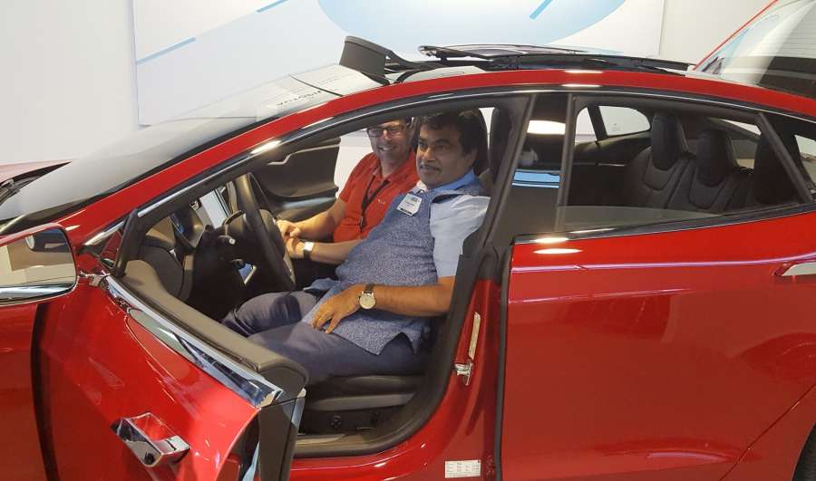 San Francisco: Union Road Transport and Shipping Minister Nitin Gadkari visiting the Tesla electric car manufacturing unit, in San Francisco on July 15, 2016. (Photo: IANS/PIB)