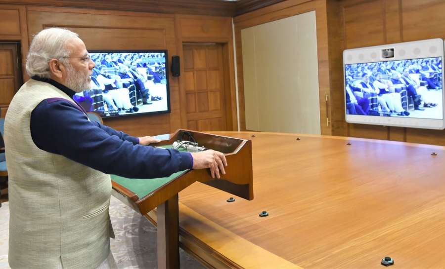 New Delhi: Prime Minister Narendra Modi addresses the Conference of Central and State/ UT Ministers and Secretaries of Tourism, Culture & Sports at Rann of Kutch, through video conferencing from New Delhi on Jan 20, 2017. (Photo: IANS/PIB) by . 