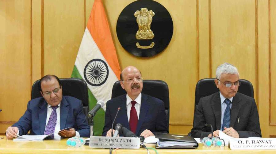 New Delhi: Chief Election Commissioner Dr. Nasim Zaidi holds a press conference to announce the Assembly Elections in five States -Uttar Pradesh, Uttarakhand, Goa, Punjab and Manipur , in New Delhi on Jan 4, 2017. Also seen Election Commissioners A.K. Joti and O.P. Rawat. (Photo: IANS/PIB)