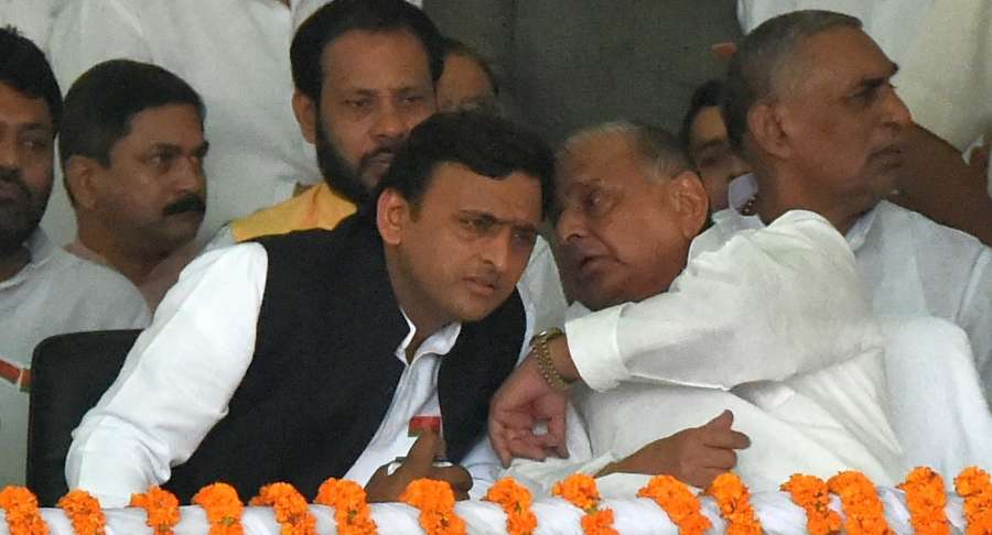 Samajwadi Party chief Mulayam Singh with his son Akhilesh Yadav. (File Photo: IANS)