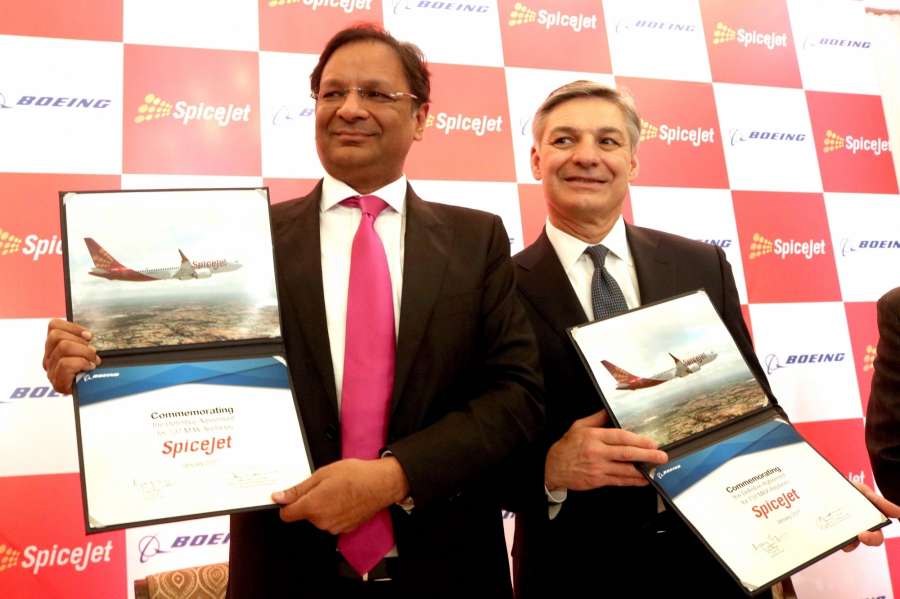 New Delhi: SpiceJet Chairman and Managing Director Ajay Singh with Boeing Vice Chairman Ray L. Conner during a programme organised to sign a joint venture in New Delhi on Jan 13, 2017. (Photo: IANS)