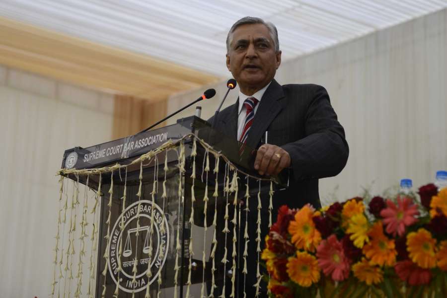 New Delhi: Chief Justice of India Justice T S Thakur addresses during his farewell in New Delhi, on Jan 3, 2017. (Photo: IANS)
