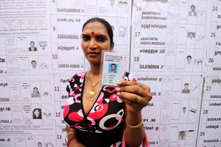 Chennai: Malaika Desingh, a transgender after casting vote during Tamil Nadu Assembly polls in Chennai May 16, 2016. (Photo: IANS)
