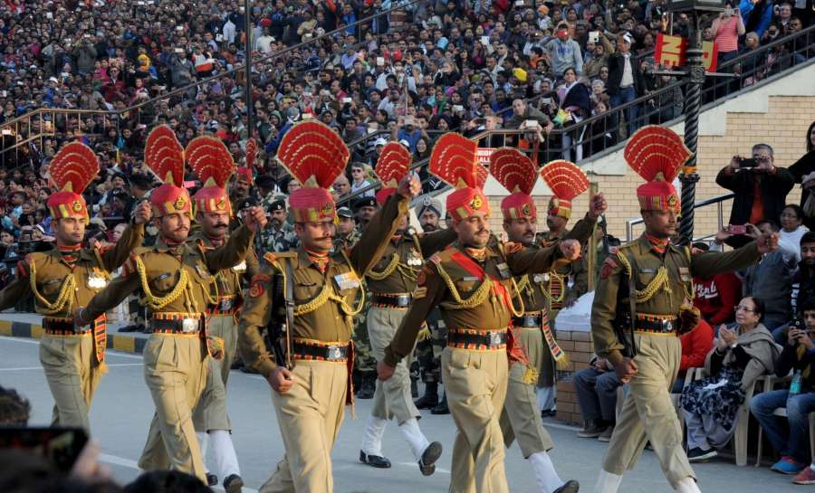 Amritsar: BSF soldiers during retreat ceremony end of the year 2015 India-Pakistan Attari-Wagah Border on Dec 31, 2015. (Photo: IANS)