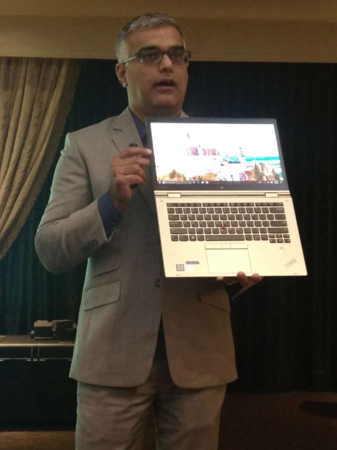 Dilip Bhatia, Vice President of Global Marketing, user and Customer Experience Lenovo PC and Smart Device Business Group, displaying ThinkPad X1 Yoga the only 14-inch notebook with an OLED screen that has a redesigned rechargeable pen and improved “rise and fall” keyboard (Photo: IANS)