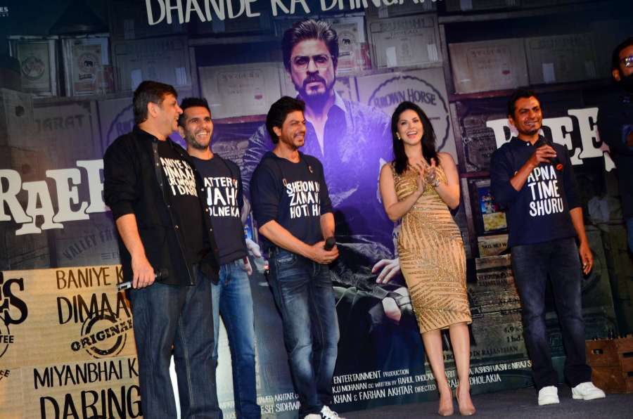 Mumbai: Filmmakers Rahul Dholakia, Ritesh Sidhwani, actors Shahrukh Khan, Sunny Leone and Nawazuddin Siddiqui during the success party of film Raees in Mumbai, on Jan 30, 2017. (Photo: IANS) by .