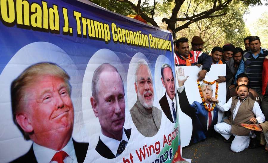New Delhi: Hindu Sena activists organise coronation of American president-elect Donald Trump at Jantar Mantar in New Delhi, on Jan 19, 2017. (Photo: IANS) by . 