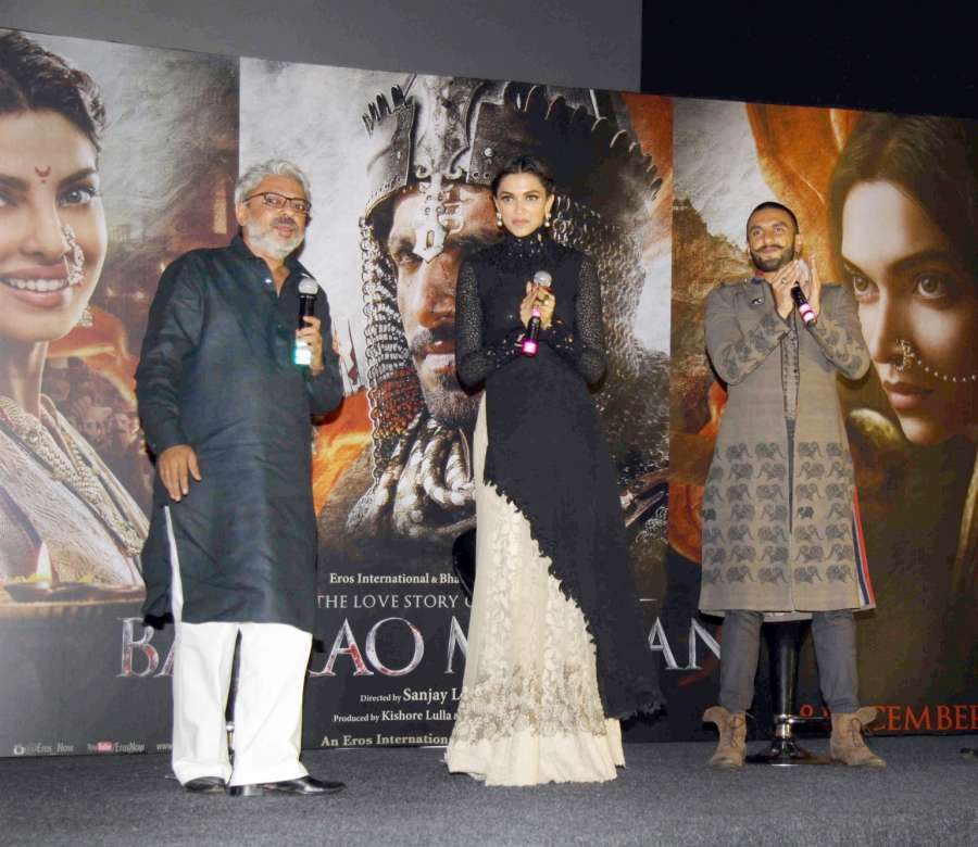 Mumbai: Filmmaker Sanjay Leela Bhansali and actors Deepika Padukone and Ranveer Singh during the trailer launch of film Bajirao Mastani in Mumbai, on November 20, 2015. (Photo: IANS) by . 