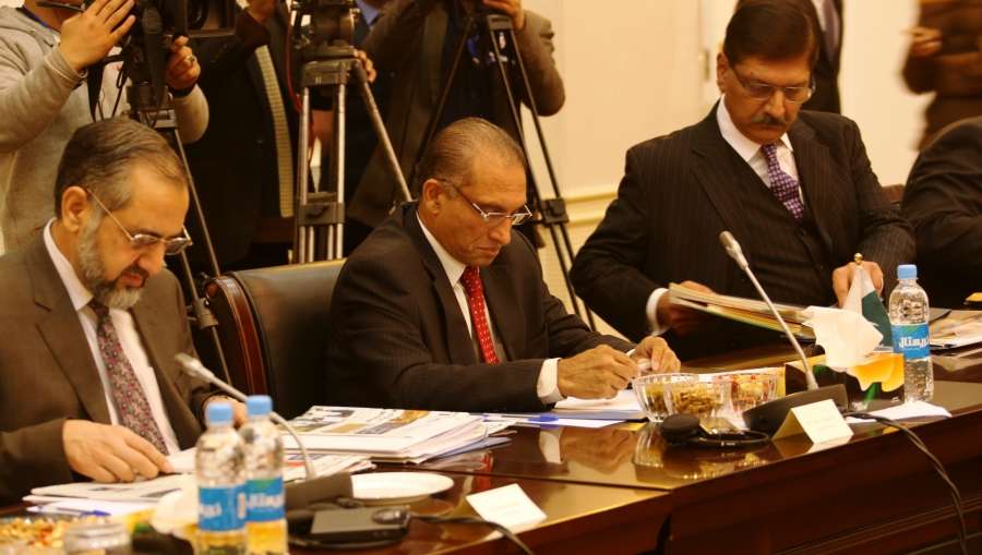 KABUL, Feb. 23, 2016 (Xinhua) -- Pakistan's Foreign Secretary Aizaz Ahmad Chaudhry (C) attends the four-nation talks on Afghan peace process in Kabul, Afghanistan, Feb. 23, 2016. The fourth round of the key Quadrilateral meeting on Afghan peace process and preparing roadmap to find political solution to the lingering Afghan crisis kicked off in Afghan capital Kabul on Tuesday. (Xinhua/Rahmat Alizadah/IANS) by . 