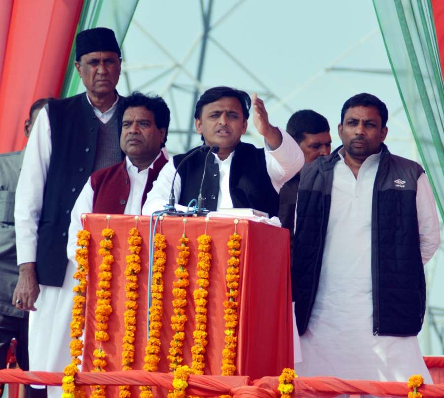 Ghaziabad: Uttar Pradesh Chief Minister and Samajwadi Party leader Akhilesh Yadav addresses a rally ahead of Uttar Pradesh Assembly polls in Ghaziabad on Feb 1, 2017. (Photo: IANS) by . 
