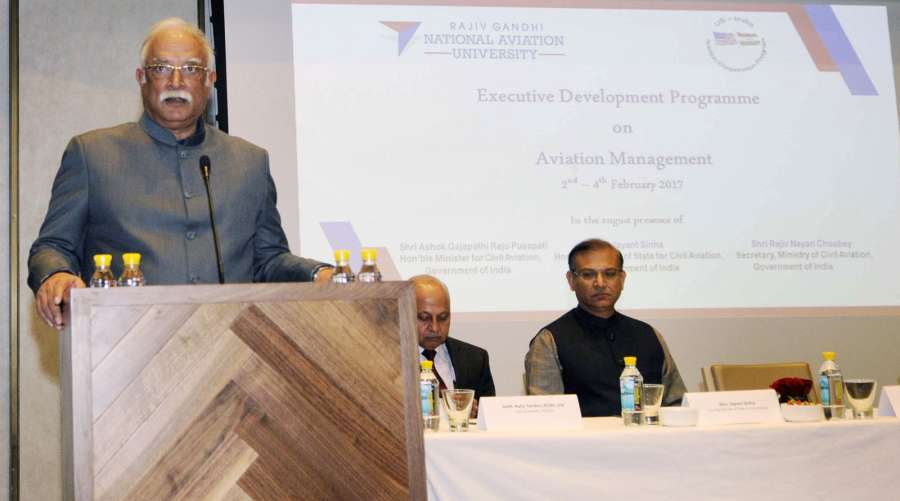 New Delhi: Union Minister for Civil Aviation Ashok Gajapathi Raju Pusapati addresses during the inauguration of the first Executive Development Programme on Aviation Management, organised by the Rajiv Gandhi National Aviation University, in New Delhi on Feb 2, 2017. Also seen Minister of State for Civil Aviation Jayant Sinha. (Photo: IANS/PIB) by . 