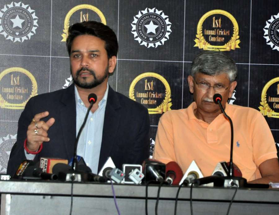 Dharamsala: BCCI president Anurag Thakur and secretary Ajay Shirke during a press conference in Dharamsala, on June 23, 2016. (Photo: IANS) by . 
