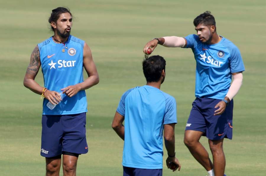 Hyderabad: Umesh Yadav and Ishant Sharma during a practice session ahead of the only test match against Bangladesh in Hyderabad on Feb 8, 2017. (Photo: Surjeet Yadav/IANS) by . 