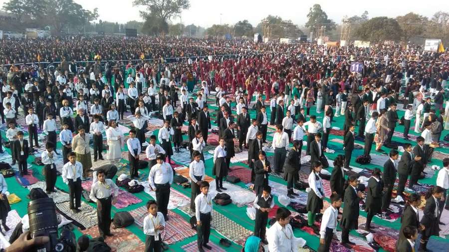 Bhilai: School students participate in a yoga programme where over one lakh people attempted to break world records in yoga, in Bhilai on Jan 12, 2017. (Photo: IANS) by . 