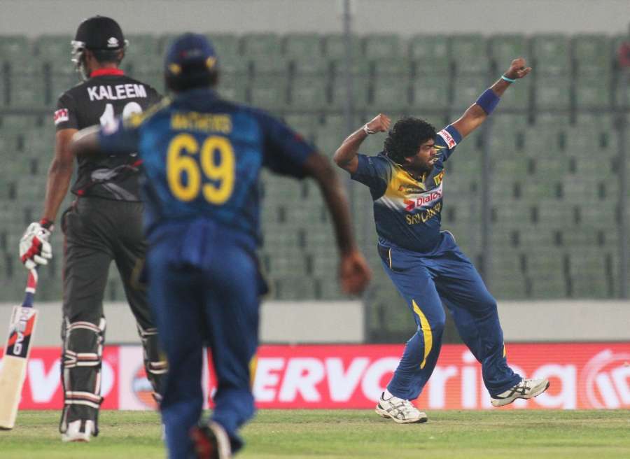 Mirpur: Sri Lankan cricket captain Lasith Malinga celebrates fall of a wicket during the second match of Asia Cup 2016 between Sri Lanka and UAE at Shere Bangla National Stadium in Mirpur of Bangladesh on Feb 25, 2016. (Photo: Surjeet Yadav/IANS) by . 