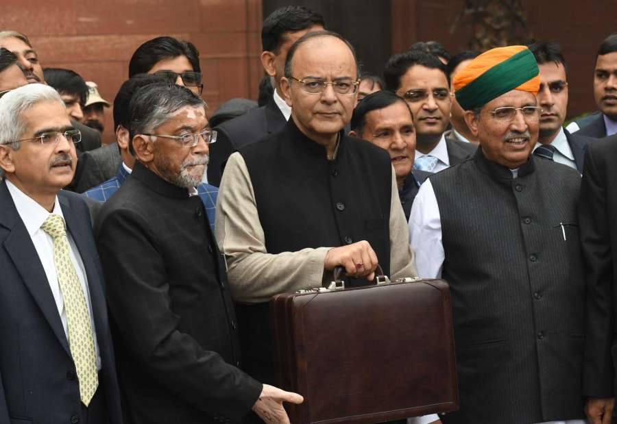 New Delhi: Union Minister Finance and Corporate Minister Arun Jaitley departs from North Block to Rashtrapati Bhavan and Parliament House, along with Minister of State for Finance and Corporate Affairs Arjun Ram Meghwal and Minister of State for Finance Santosh Kumar Gangwar to present the General Budget 2017-18, in New Delhi on February 1, 2017. (Photo: IANS) by . 