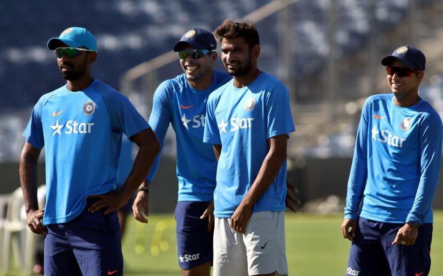 Pune: (L to R) Abhinav Mukund, Umesh Yadav, Nathu Singh and Kuldeep Yadav of India during a practice session at Maharashtra Cricket Association Stadium in Pune on Feb 22, 2017. (Photo: Surjeet Yadav/IANS) by .