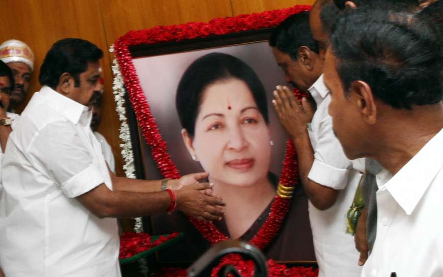 Chennai: Tamil Nadu Chief Minister K. Palaniswami pays tribute to Jayalalithaa before assuming office in Chennai on Feb 20, 2017. (Photo: IANS) by .