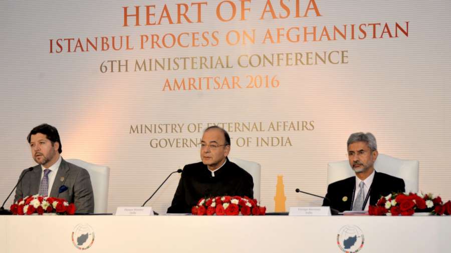 Amritsar: Union Minister for Finance and Corporate Affairs Arun Jaitley and the Deputy Foreign Minister of Afghanistan Hekmat Khalil Karzai address a joint press conference, during the Heart of Asia Ministerial Conference, in Amritsar on Dec 4, 2016. Also seen Foreign Secretary Dr. S. Jaishankar. (Photo: IANS/PIB) by . 