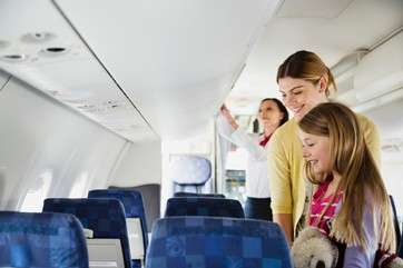 Woman and daughter finding their seats in airplane by .