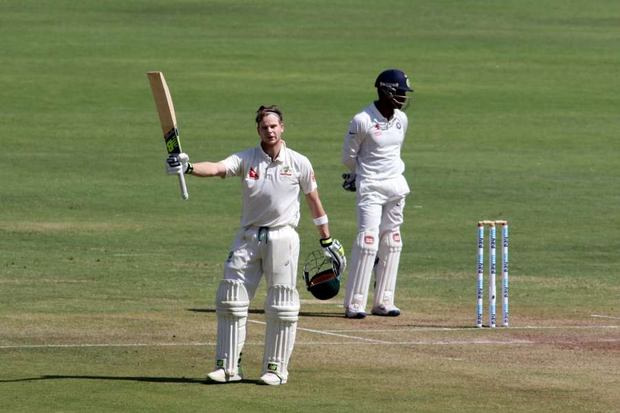 Pune: Australian captain Steve Smith celebrates century on the third day of the first cricket Test match between India and Australia in Pune on Feb. 25, 2017. (Photo: Surjeet Yadav /IANS) by . 