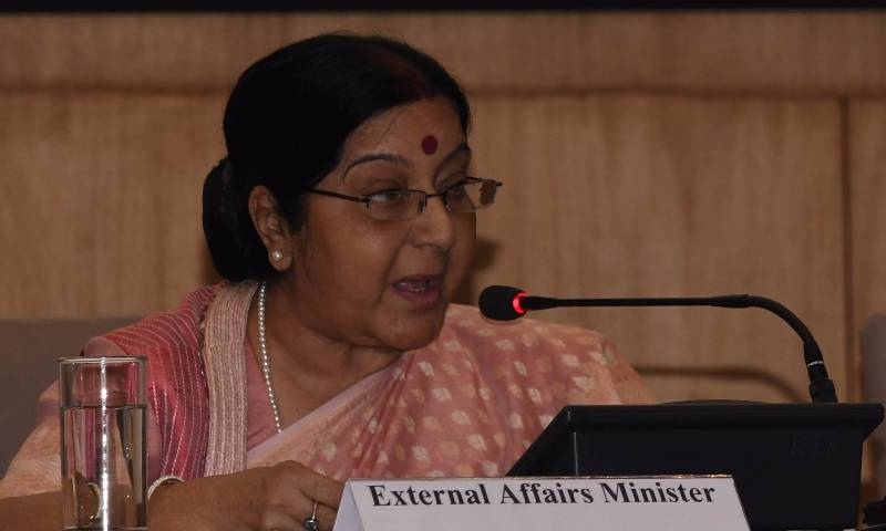 New Delhi: External Affairs Minister Sushma Swaraj addresses at the inauguration of BRICS Media Forum in New Delhi, on Oct 18, 2016. Also seen India's Foreign Secretary S Jaishankar. (Photo: IANS) by . 