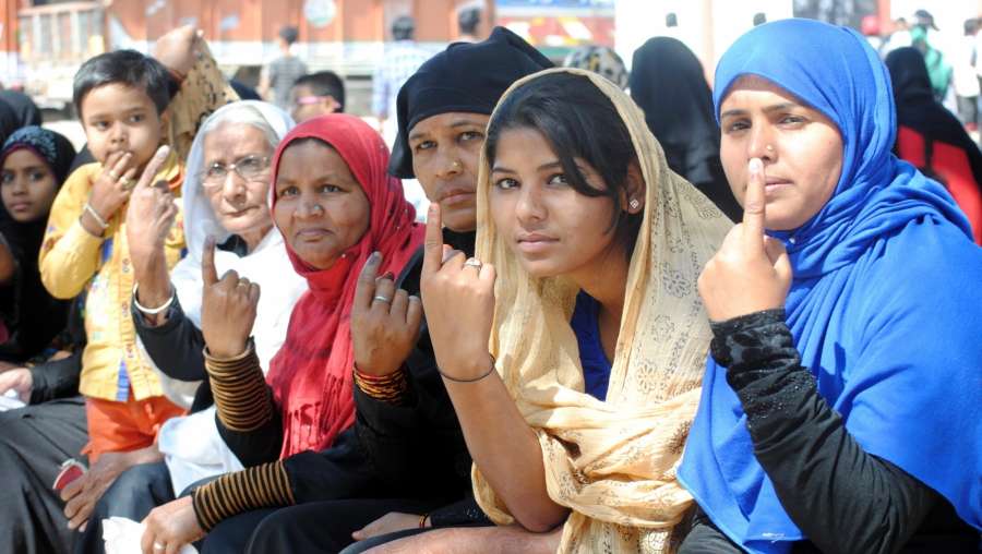 Allahabad: Women show forefingers marked with phosphorus ink after casting their vote during the fourth phase of Uttar Pradesh Assembly polls in Allahabad on Feb 23, 2017. (Photo: IANS) by . 