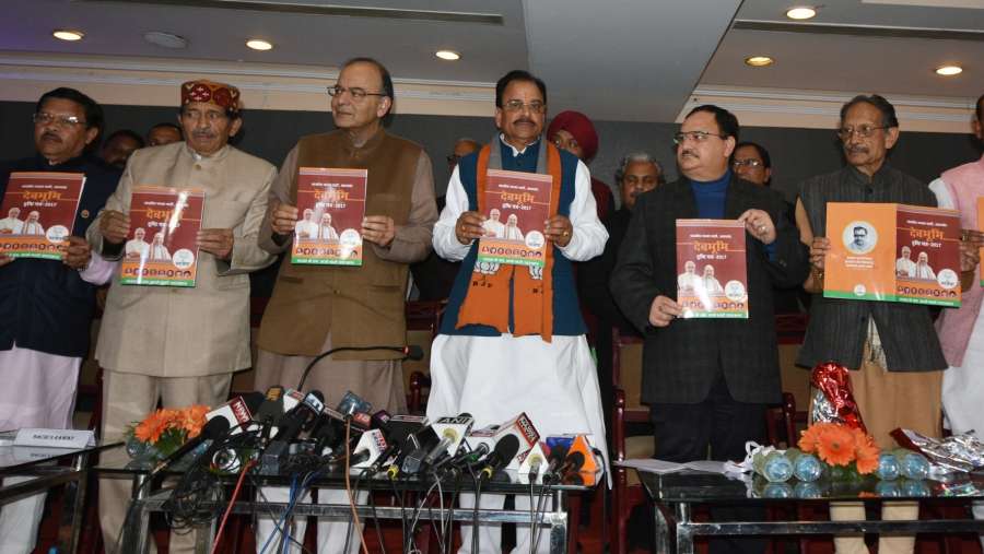 Dehradun: Union Minister Finance and Corporate Minister Arun Jaitley releases BJP's Vision document ahead of Uttrakhand Assembly polls in Dehradun, on Feb 4, 2017. (Photo: IANS) by . 