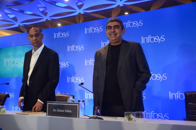 Mumbai: Infosys Chairman R Seshasayee and CEO Vishal Sikka addresses during a press conference in Mumbai on Feb 13, 2017. (Photo: Sandeep Mahankal/IANS) by .