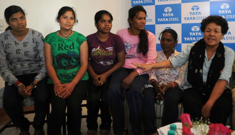 New Delhi: Indian mountaineer Bachendri Pal with members of Women Everest Expedition team - 2017 during a press conference regarding the expedition in New Delhi on March 21, 2017. (Photo: IANS) by . 