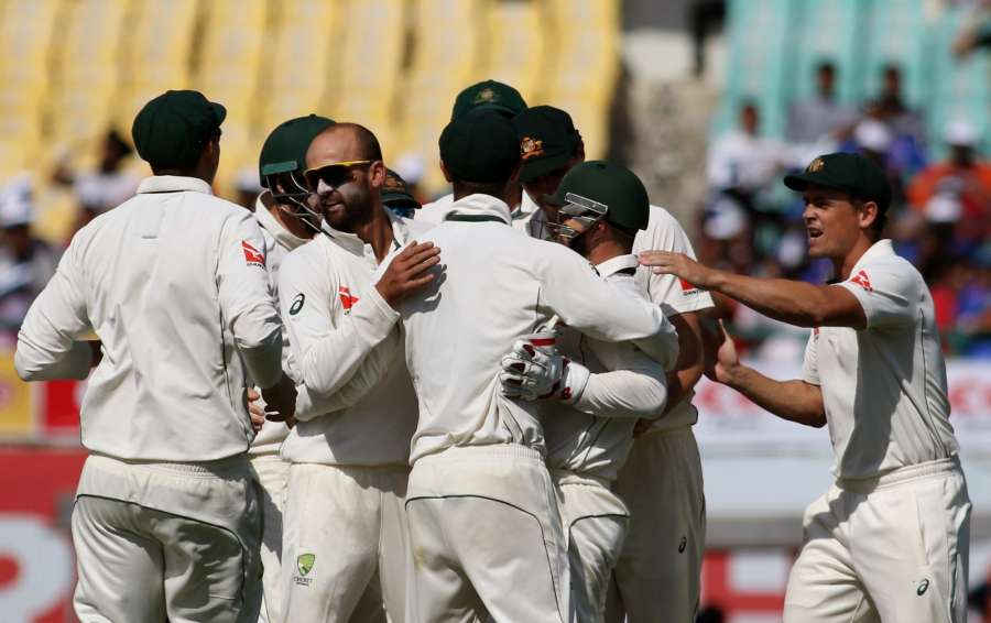Dharamsala: Nathan Lyon of Australia celebrates fall of Karun Nair's wicket on Day-2 of the fourth Test match between India and Australia at Himachal Pradesh Cricket Association Stadium in Dharamsala on March 26, 2017. (Photo: Surjeet Yadav/IANS) by .