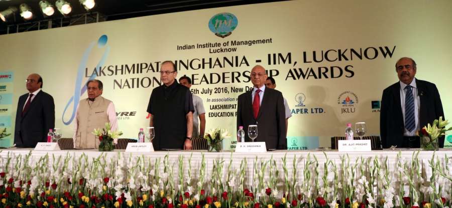 Lucknow: Union Finance Minister Arun Jaitley during Lakshmipat Singhania-IIM Lucknow National Leadership Award ceremony in New Delhi, on July 15, 2016. (Photo: IANS) by . 