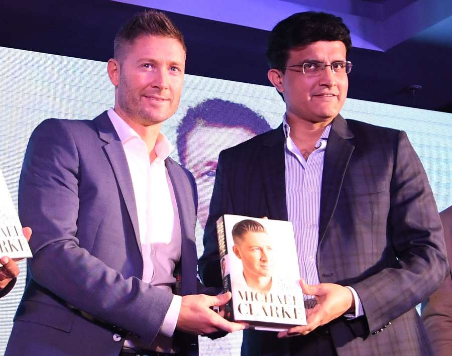 Kolkata: CAB president Saurav Ganguly and former Australia captain Michael Clarke during the launch of Michael Clarke's autobiography 'My Story' in Kolkata on March 14, 2017. (Photo: IANS) by . 