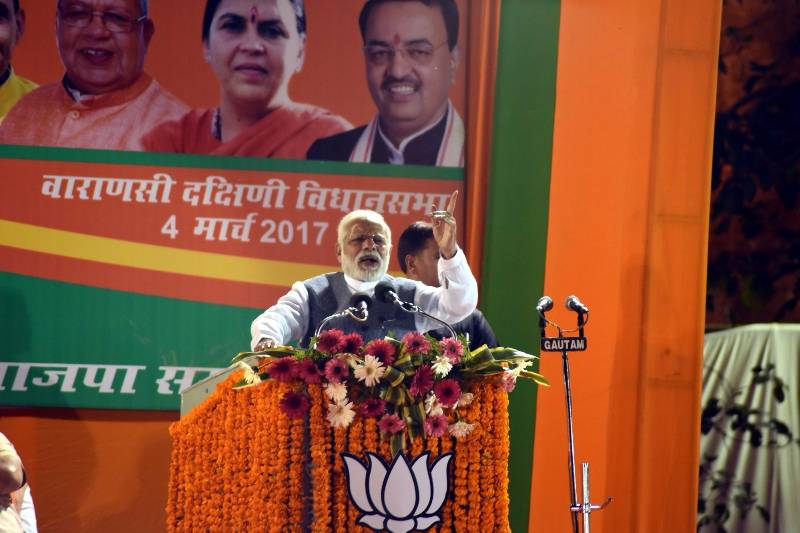 Varanasi: Prime Minister Narendra Modi addresses a rally in Varanasi on March 4, 2017. (Photo: IANS) by .