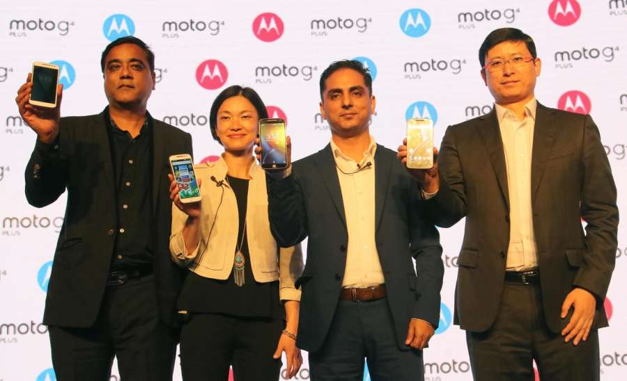 New Delhi: Motorola Mobility India Country Head Amit Boni and Moto G's product manager Allison Yi during the launch of Moto's G4 and G4 plus smartphones in New Delhi, on May 17, 2016. (Photo: IANS) by . 
